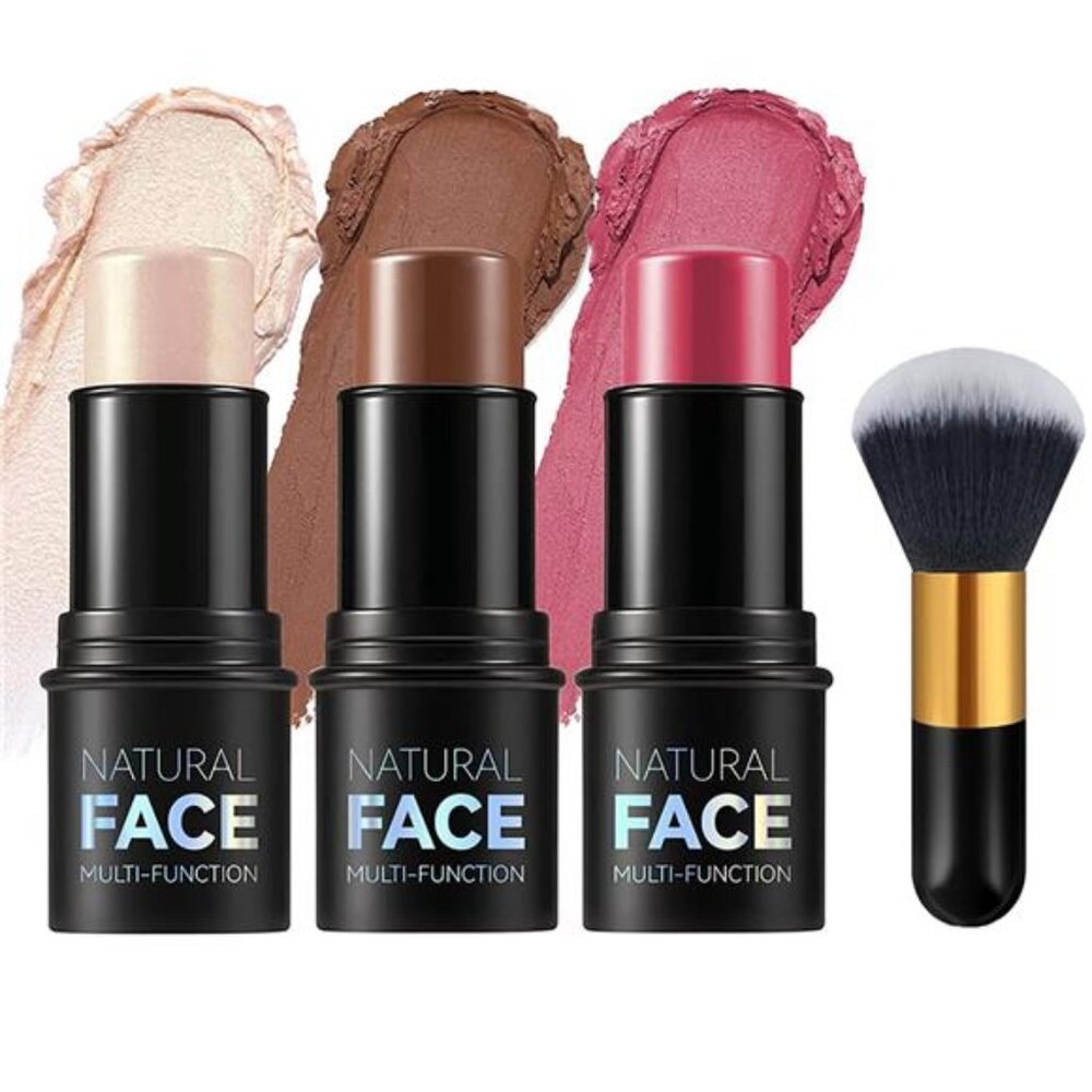 ✨ 3-Piece Cream Contour Stick Set – Highlighter, Blush & Bronzer with Brush